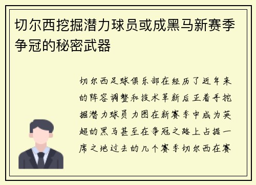 切尔西挖掘潜力球员或成黑马新赛季争冠的秘密武器