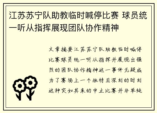 江苏苏宁队助教临时喊停比赛 球员统一听从指挥展现团队协作精神