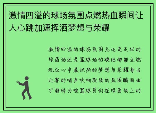 激情四溢的球场氛围点燃热血瞬间让人心跳加速挥洒梦想与荣耀