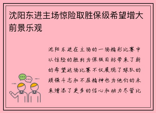 沈阳东进主场惊险取胜保级希望增大前景乐观