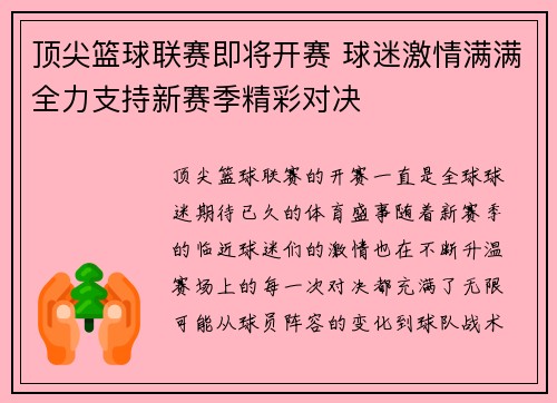 顶尖篮球联赛即将开赛 球迷激情满满全力支持新赛季精彩对决